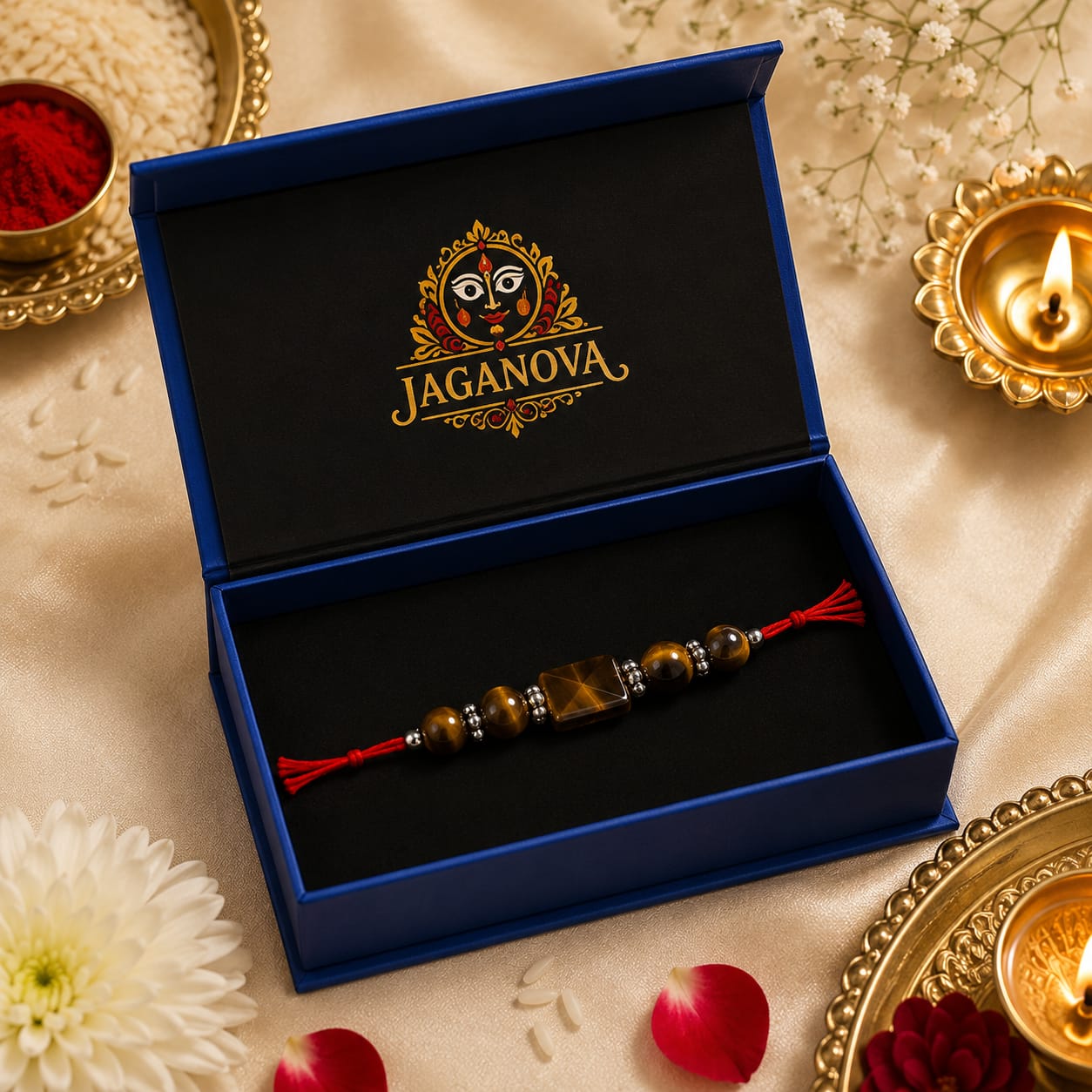 A beaded Rakhi bracelet with red tassels and brown wooden beads, presented inside an open blue Jaganova gift box on a beige fabric background with decorative flowers and oil lamps.