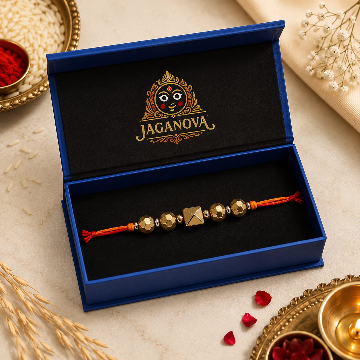 Golden Pyrite Pyramid Rakhi for Brother | Natural Pyrite Stone Handmade Designer Thread Rakhi | Authenticity Certificate & Premium Gift Box | Raksha Bandhan Gift