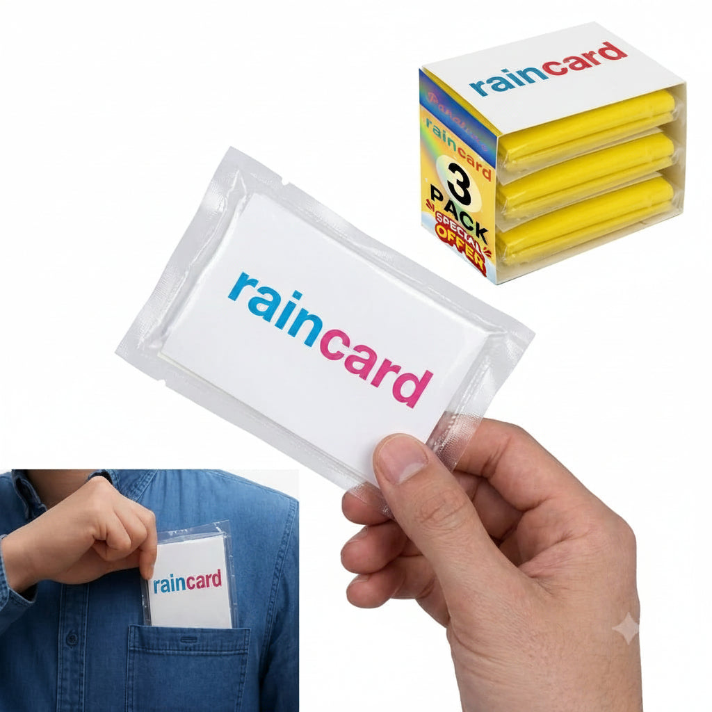 Rain card packaging with a hand holding a rain card and a person wearing a rain card on a white background