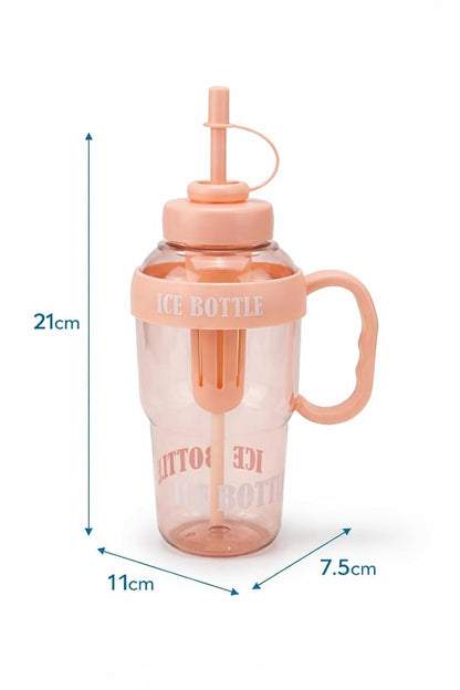 A peach-colored plastic ice bottle with a handle, straw, and printed text, shown with dimension lines indicating a height of 21cm, width of 11cm, and depth of 7.5cm on a white background.