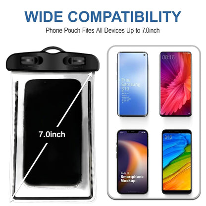 A clear waterproof phone pouch with a black top handle and window, shown with text reading 'WIDE COMPATIBILITY' and 'Phone pouch fits all devices up to 7.0inch.