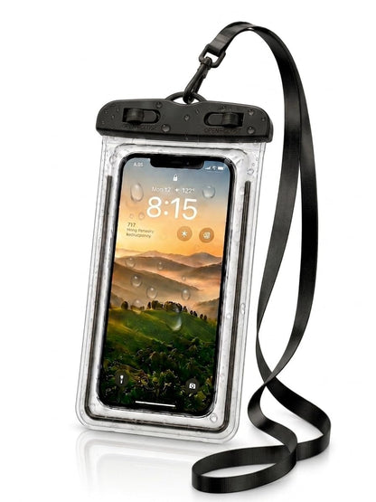 Clear waterproof phone pouch with a black strap and black top clasp, shown on a white background with a smartphone inside.