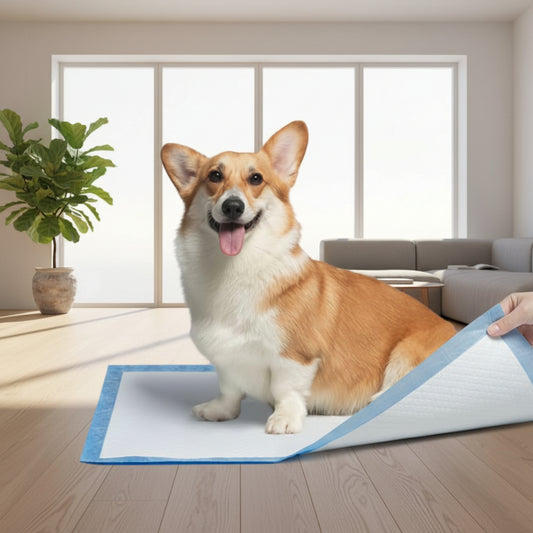 Dog sitting on a blue pet mat with text about pack size and dimensions, Zoviane Pets logo visible.