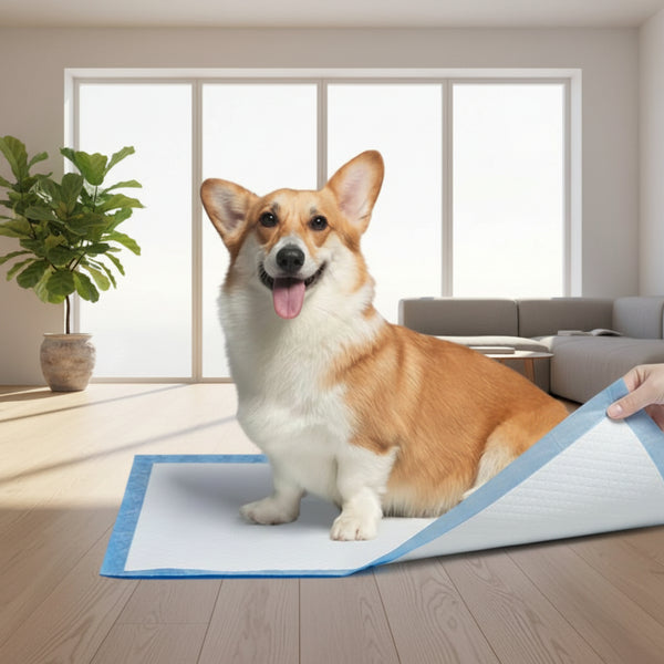 Dog sitting on a blue pet mat with text about pack size and dimensions, Zoviane Pets logo visible.