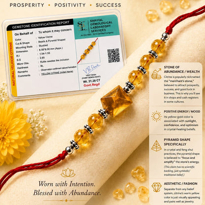 A promotional graphic for a Citrine Pyramid Rakhi, showing a gold-toned beaded pyramid bracelet with silver and black spacer beads, alongside a gemstone identification card, decorative yellow flowers, and informational text panels on a warm beige background.
