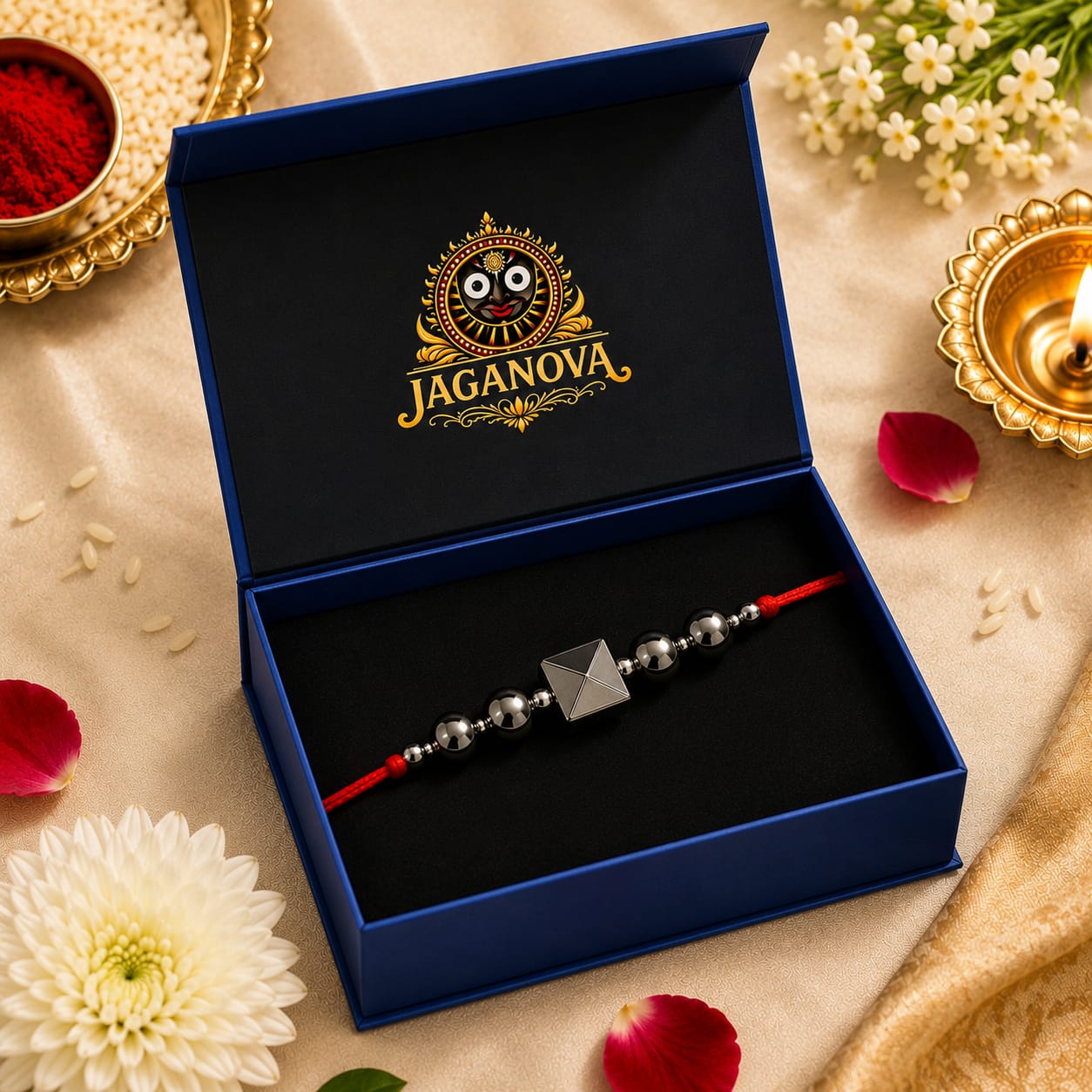 A silver beaded Rakhi with a central metallic pyramid charm rests inside an open dark blue JAGANOVA gift box. The box lid features the JAGANOVA brand logo in gold.