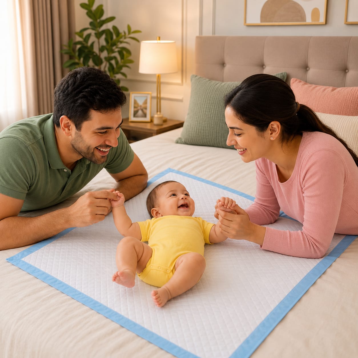 Mother and father smiling and holding baby's hands while baby lies happily on a quilted waterproof changing mat on the bed