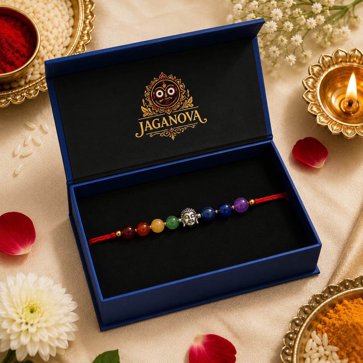 A beaded Krishna rakhi bracelet displayed inside an open blue Jaganova gift box, surrounded by festive props including a lit diya, flowers, and red petals on a beige fabric background.