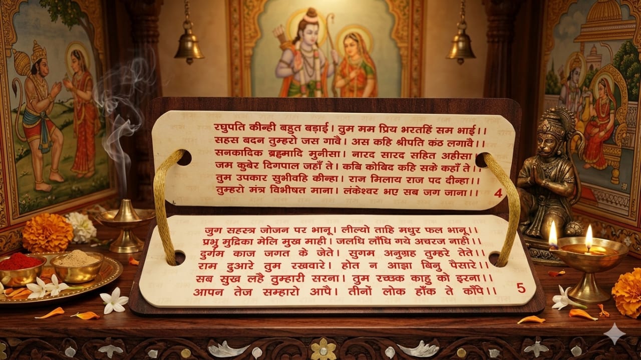 Manuscript with red text on a wooden stand in a decorative setting with religious paintings and artifacts.