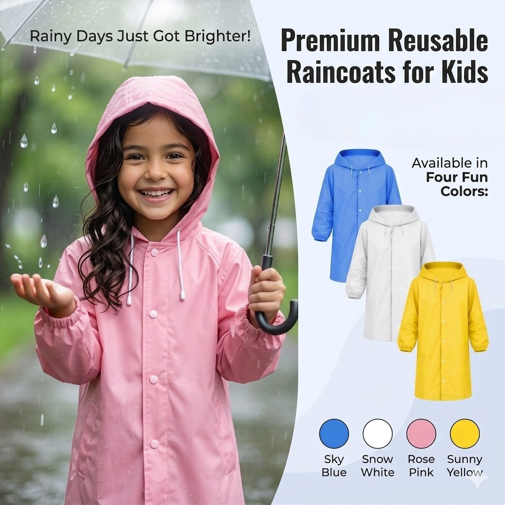 Kids Eva Raincoat for Boys & Girls with Full Sleeves| Unisex Hooded Kids Rain Coat with Drawstring | Reusable Raincoat with Snap Button Closure | Knee Length