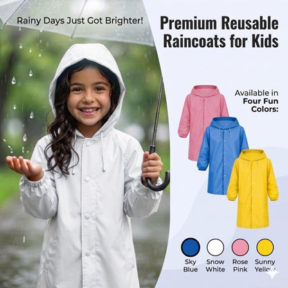 Kids Eva Raincoat for Boys & Girls with Full Sleeves| Unisex Hooded Kids Rain Coat with Drawstring | Reusable Raincoat with Snap Button Closure | Knee Length