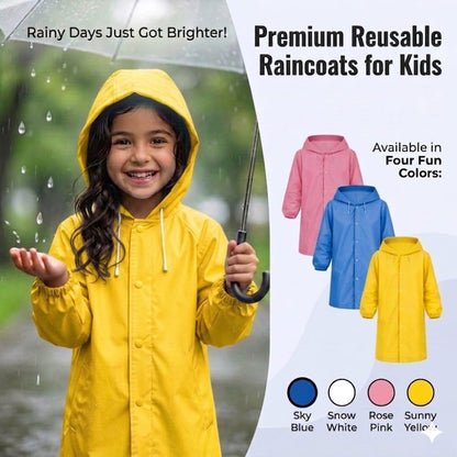 Kids Eva Raincoat for Boys & Girls with Full Sleeves| Unisex Hooded Kids Rain Coat with Drawstring | Reusable Raincoat with Snap Button Closure | Knee Length