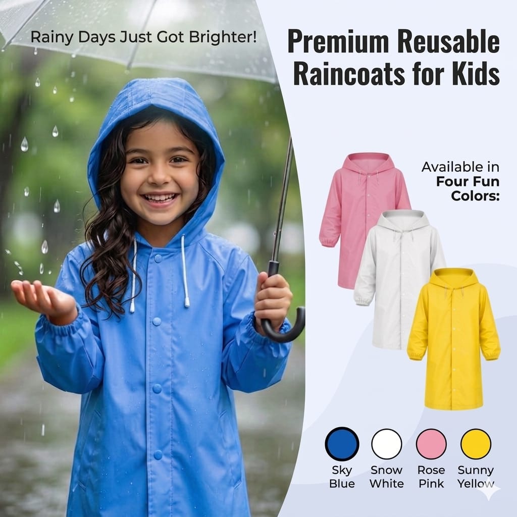 Kids Eva Raincoat for Boys & Girls with Full Sleeves| Unisex Hooded Kids Rain Coat with Drawstring | Reusable Raincoat with Snap Button Closure | Knee Length