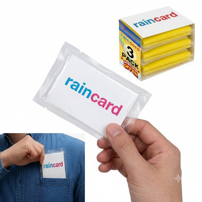 Rain card packaging with a hand holding a rain card and a person wearing a rain card on a white background