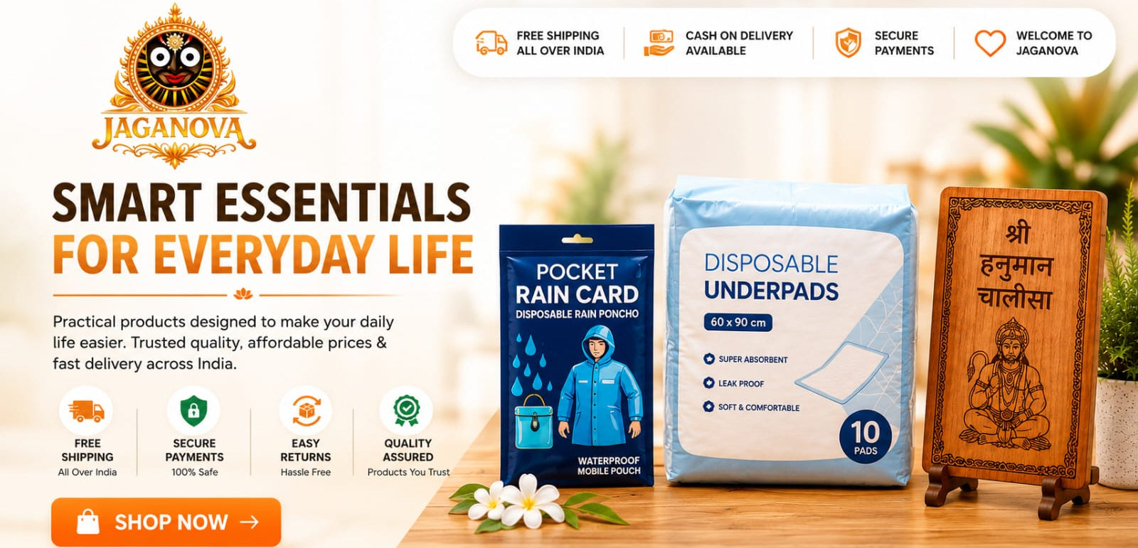 A promotional banner for Jaganova, showing several product packages and a wooden engraved plaque on a styled tabletop. Visible products include a blue rain card pack, a white disposable underpads pack, and a brown wooden plaque with Devanagari text and a religious illustration.
