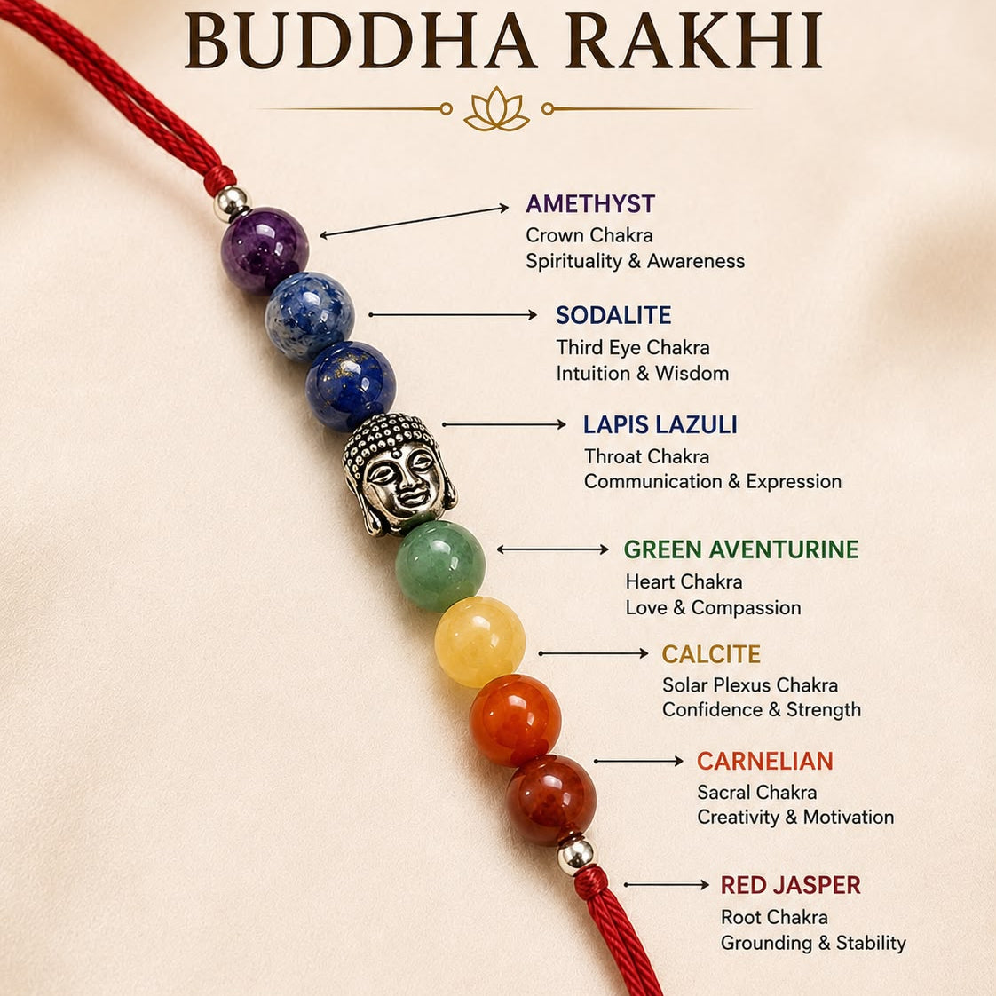 A 7 Chakra Buddha Rakhi cord bracelet laid out vertically on a beige background, featuring red cord, blue and purple beads, a silver Buddha head charm, green, yellow, orange, and red jasper beads, with text labels identifying each bead and chakra.