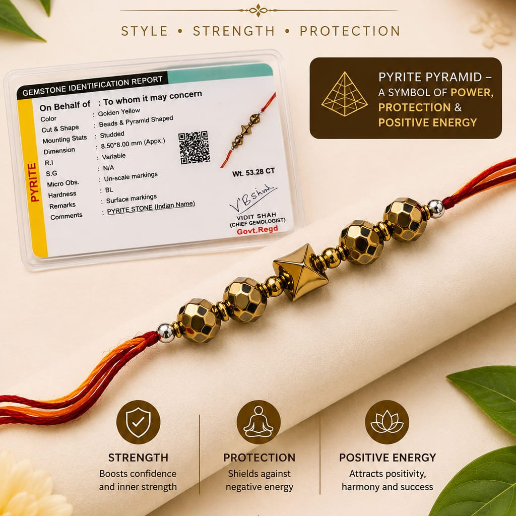 A golden hematite pyramid-shaped rakhi bracelet with red thread and gold beads, displayed on a rolled cream-colored fabric with a sample identity card, decorative leaves, and gold-toned branding text reading 'GOLDEN HEMATITE PYRAMID SHAPE RAKHI'.