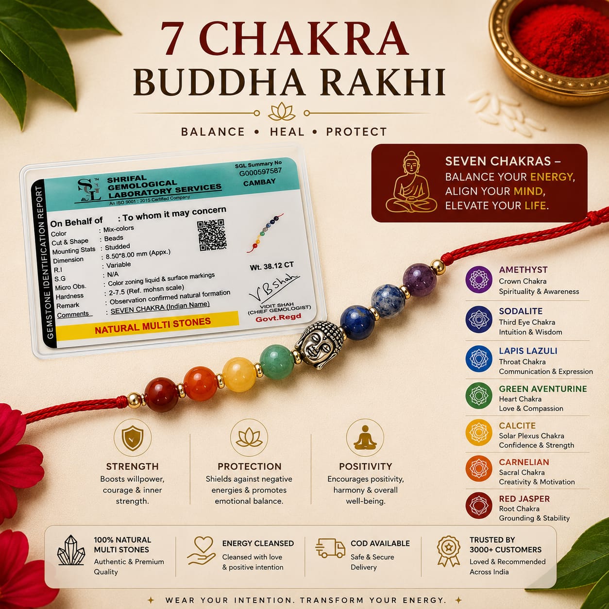 A multicolor gemstone chakra alignment necklace with a red cord and silver-toned central bead, displayed alongside a printed lab certificate and a color-coded informational chart on a warm beige background.