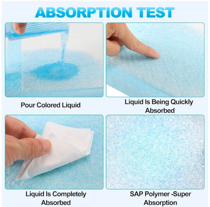 Absorption test infographic showing colored liquid being poured, absorbed, and SAP polymer close-up on baby changing mat