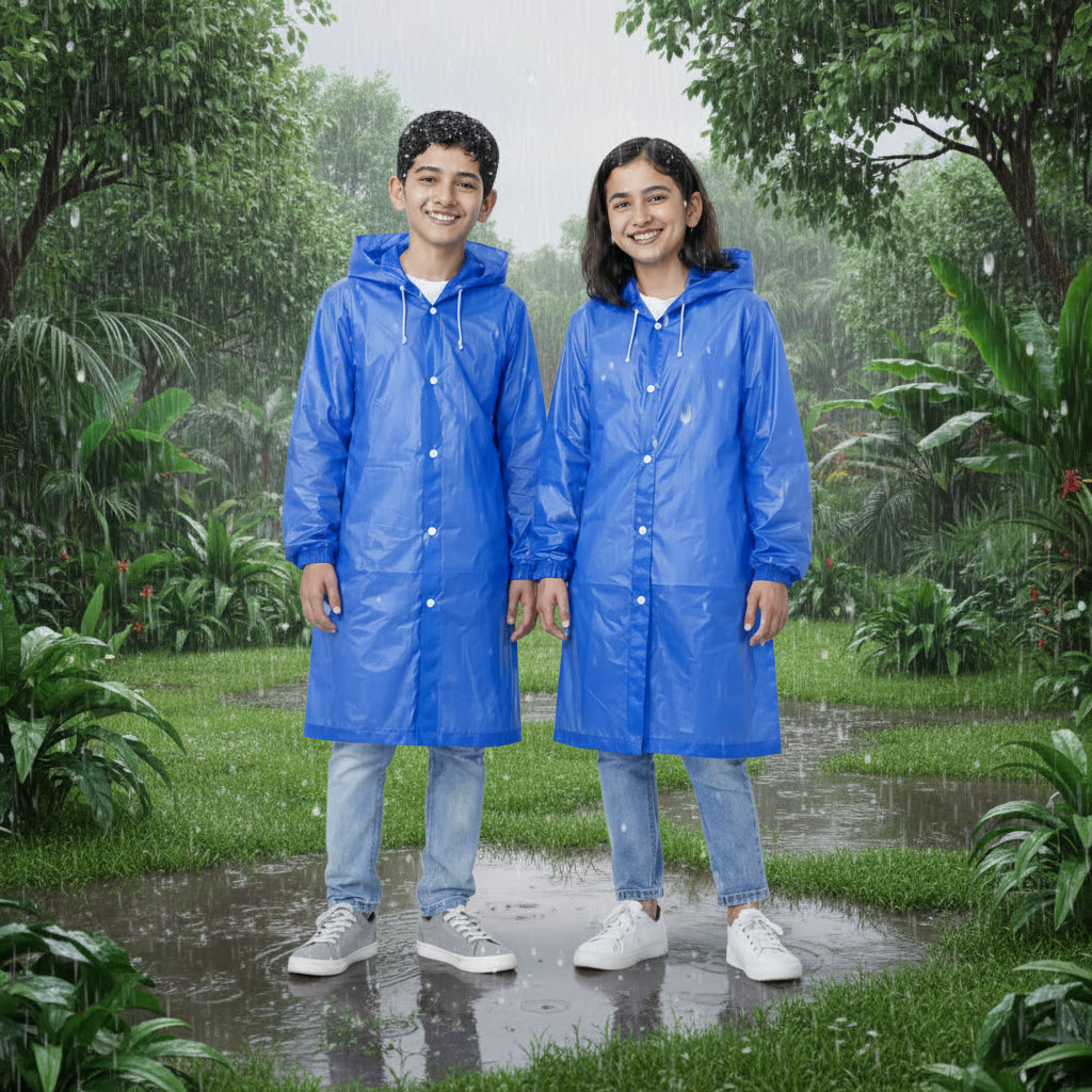 Two people wearing blue raincoats standing on a wet pavement.