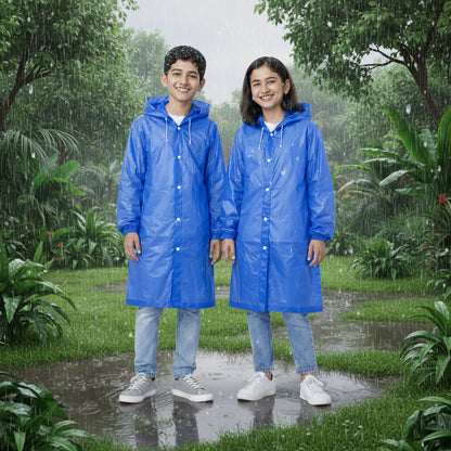 Two people wearing blue raincoats standing on a wet pavement.