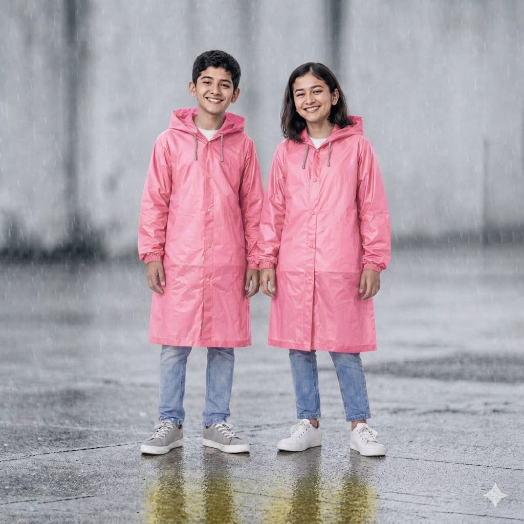 Two children wearing pink raincoats standing on a rainy street.