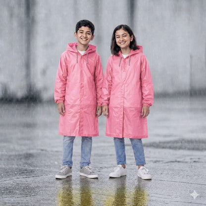 Two children wearing pink raincoats standing on a rainy street.