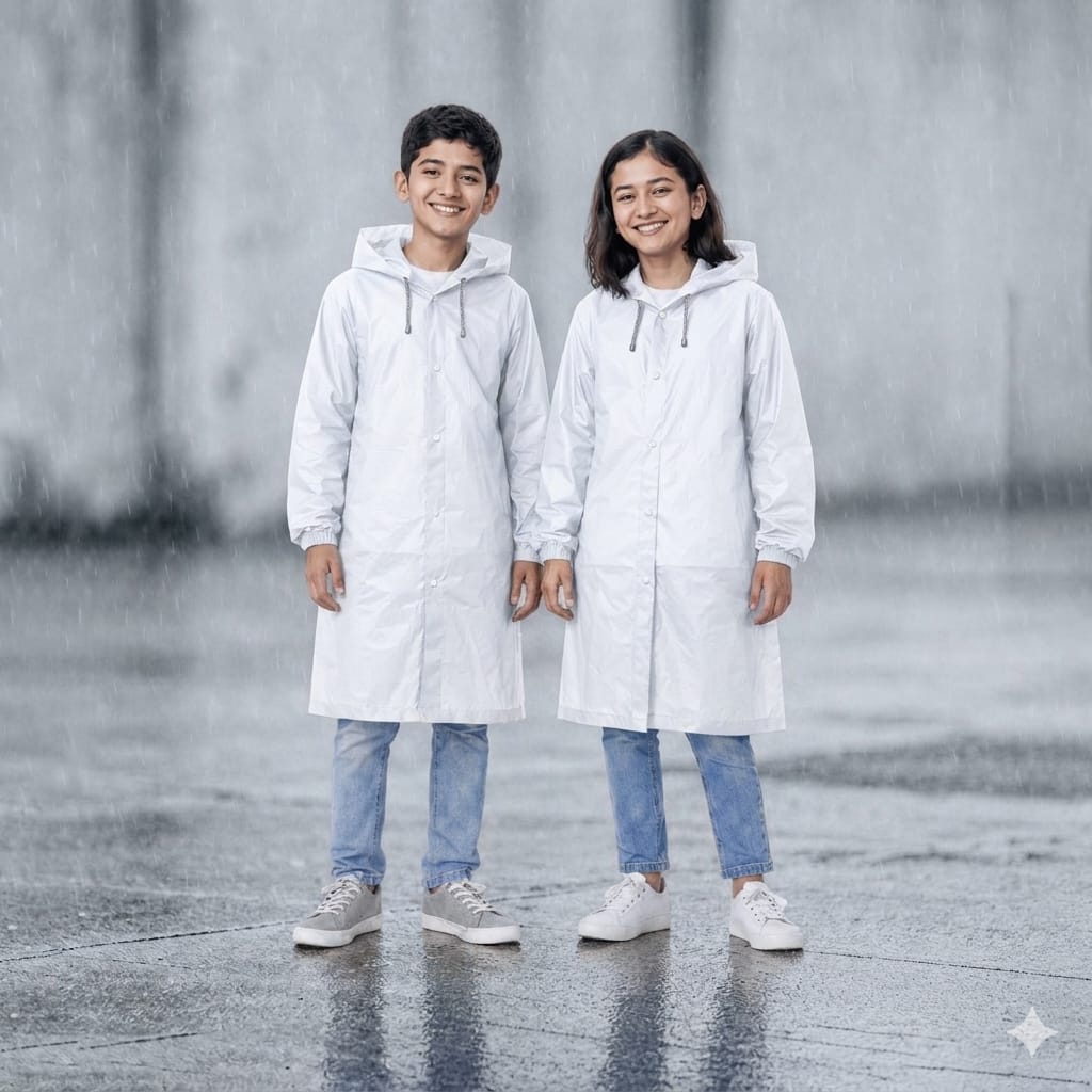Two children wearing white raincoats standing on a wet pavement with a blurred water fountain in the background.