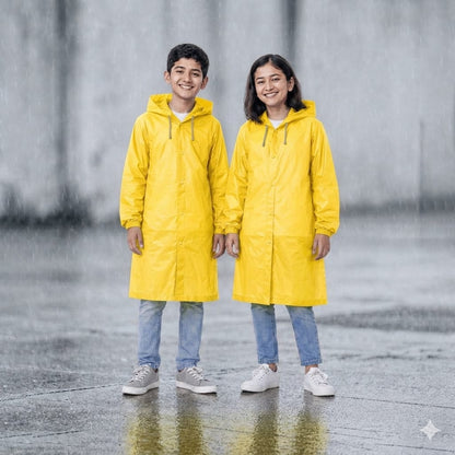 Two children wearing yellow raincoats standing on a wet pavement.