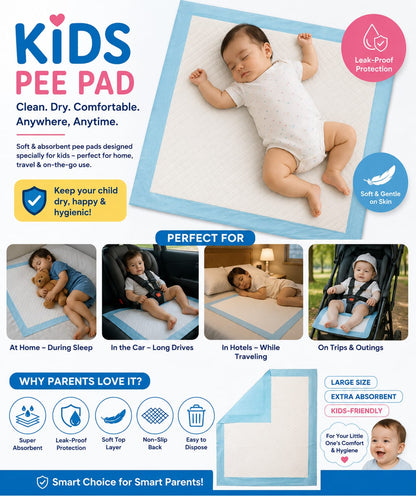 Kids Pee Pad infographic showing leak-proof, soft baby changing mat used at home, in car, hotels, and strollers