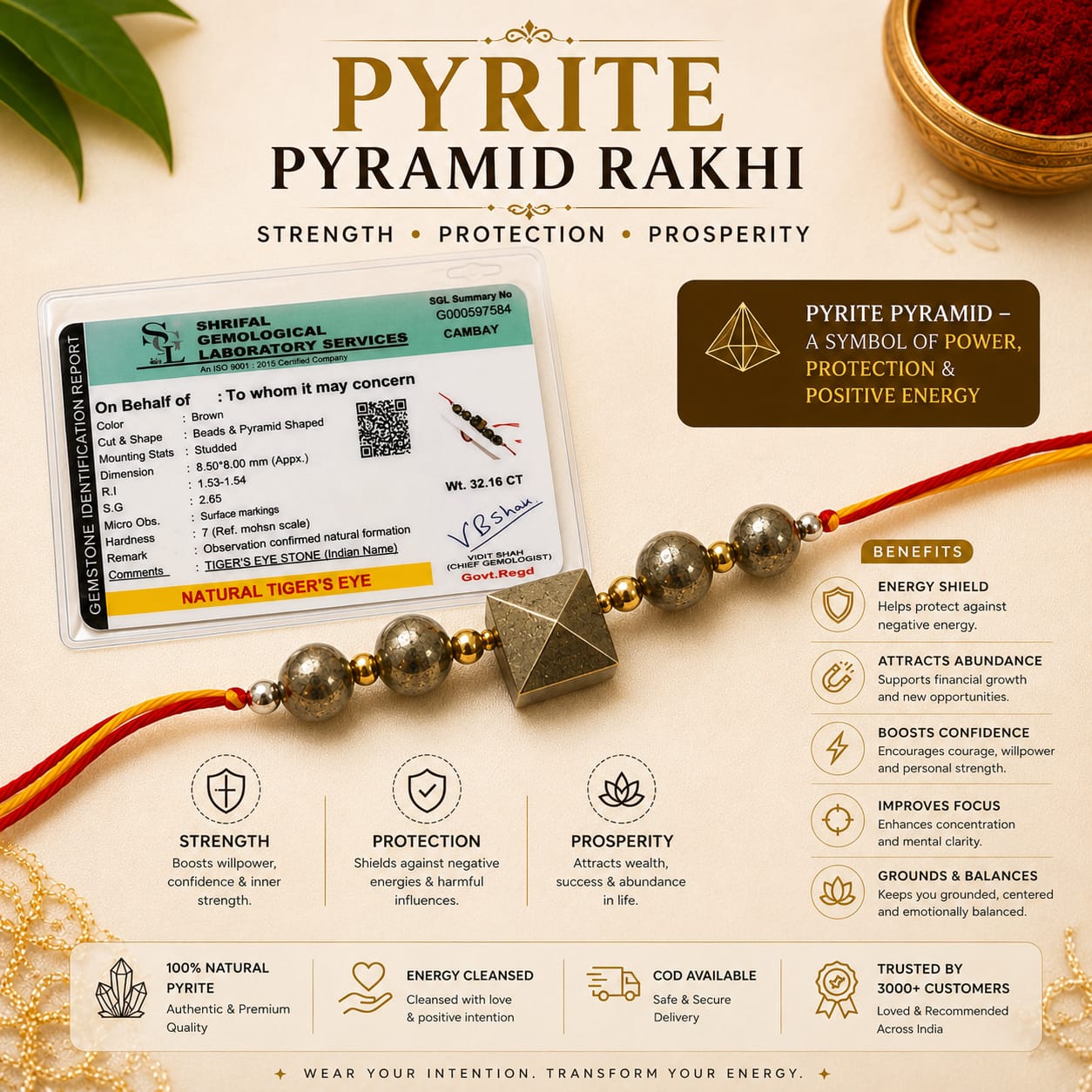 Pyrite Pyramid Rakhi with a metallic gold pyramid pendant and dark gray beads, shown on a red cord with a traditional Indian card and infographic detailing its spiritual benefits.