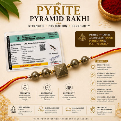 Pyrite Pyramid Rakhi with a metallic gold pyramid pendant and dark gray beads, shown on a red cord with a traditional Indian card and infographic detailing its spiritual benefits.